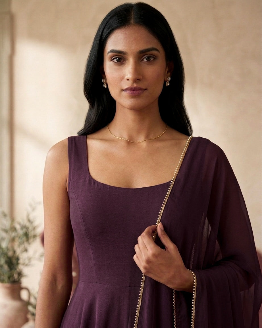 Roshae: Deep Mauve Anarkali Kurta Set with Dupatta by Velltiska