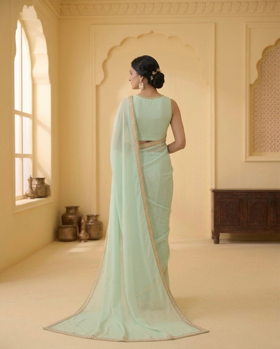 Dhriti: Dusty Mint Green Heavy Georgette Saree with Golden Lace
