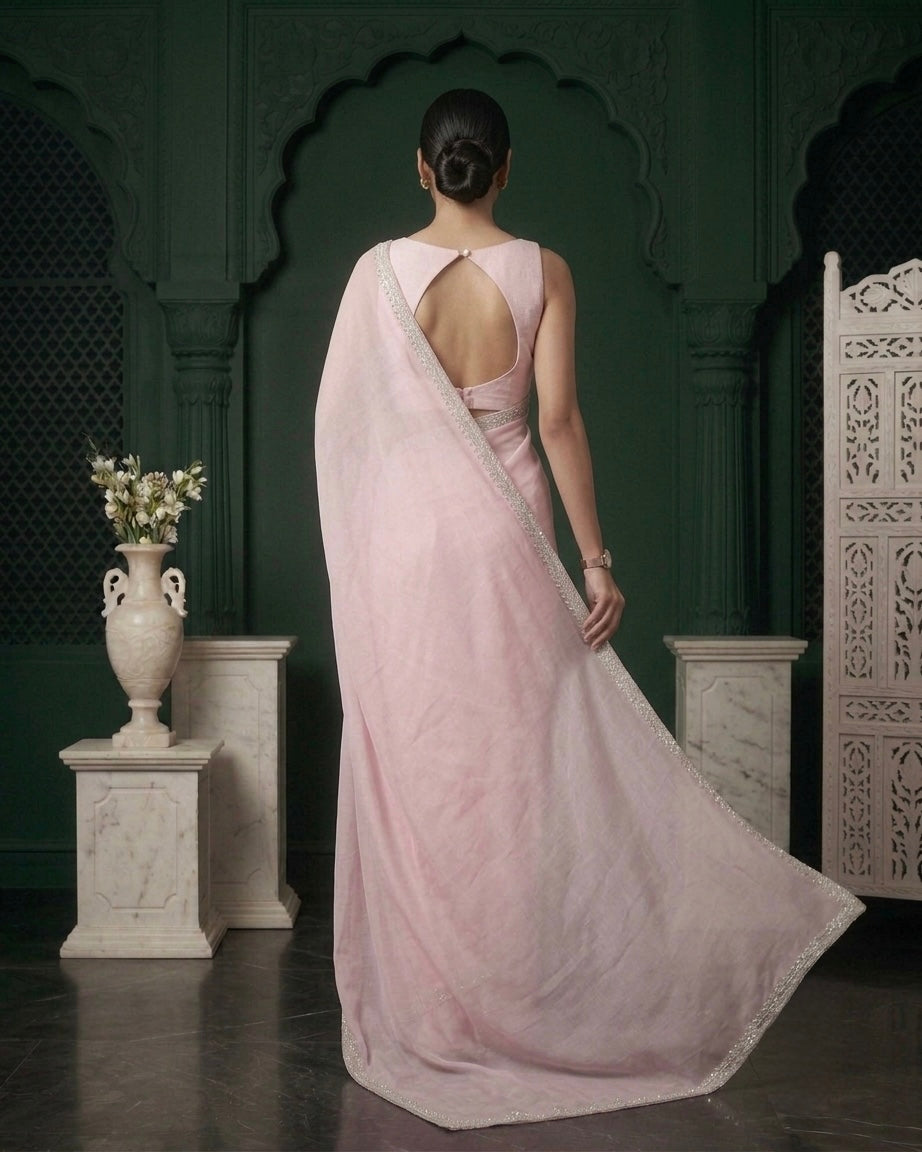 Ramona: Pastel Pink Heavy Georgette Saree with Golden Lace