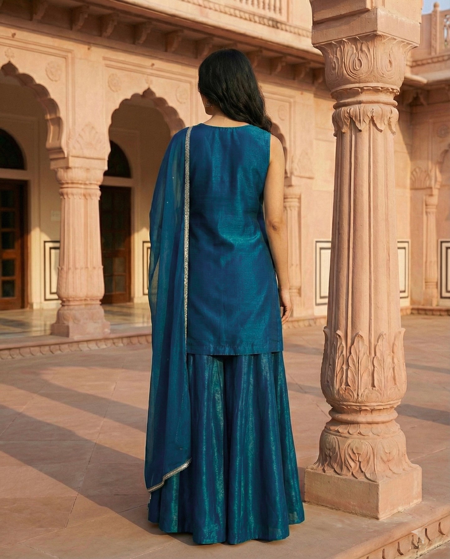 Fitoor: Teal Blue Embroidered Sharara Set by Velltiska