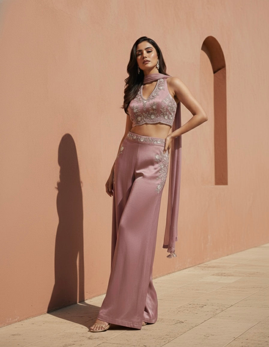Ayra: Soft Mauve Pink Emboidered Co-ord Set by Velltiska