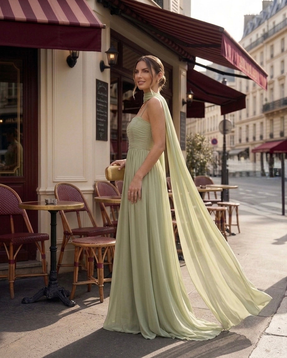 Matcha Pastel Green Gown by Velltiska with Scarf