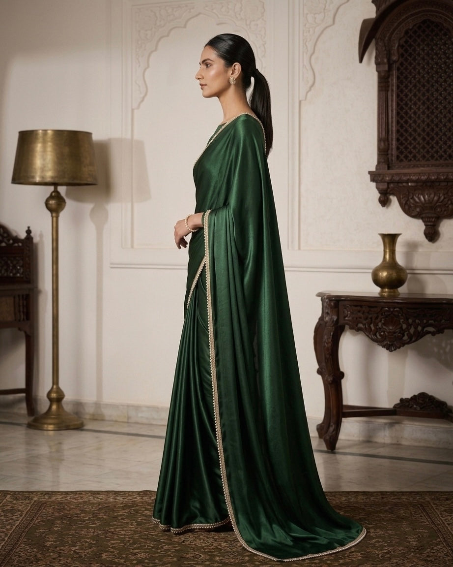 Naazni: Emerald Green Pre Draped Saree by Velltiska with Golden Lace