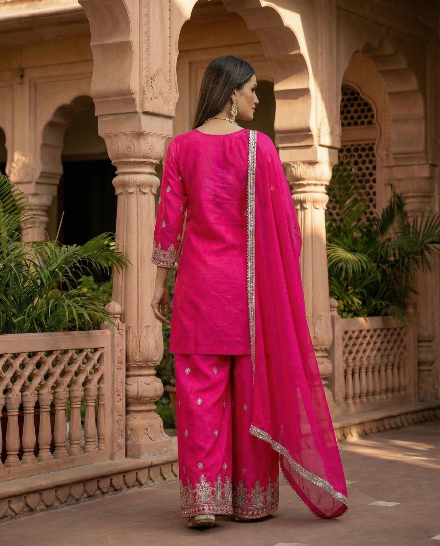 Laila: Hot Pink Embroidered Kurta and Pant Set by Velltiska