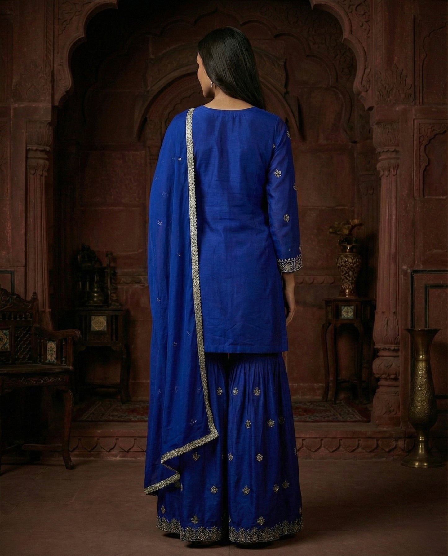 Dhara: Royal Blue Embroidered Sharara Set by Velltiska