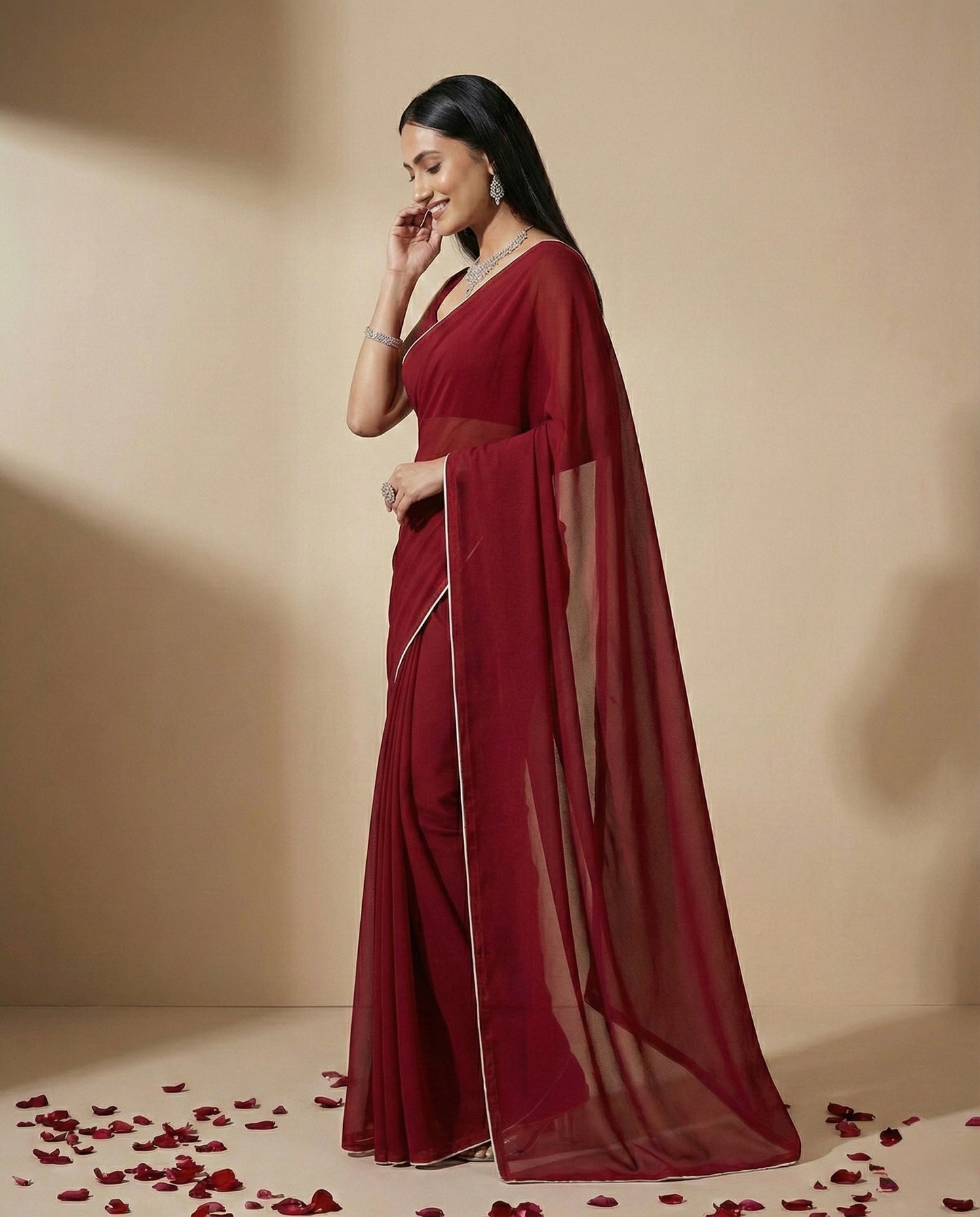 Senorita: True Red Heavy Georgette Saree by Velltiska with Blouse