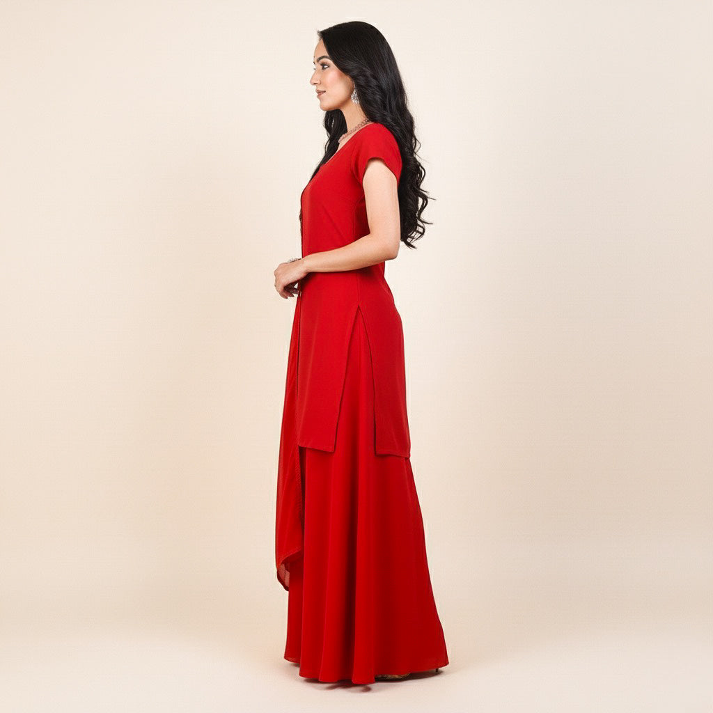 Velltiska Deep Red Sharara Suit With Dupatta