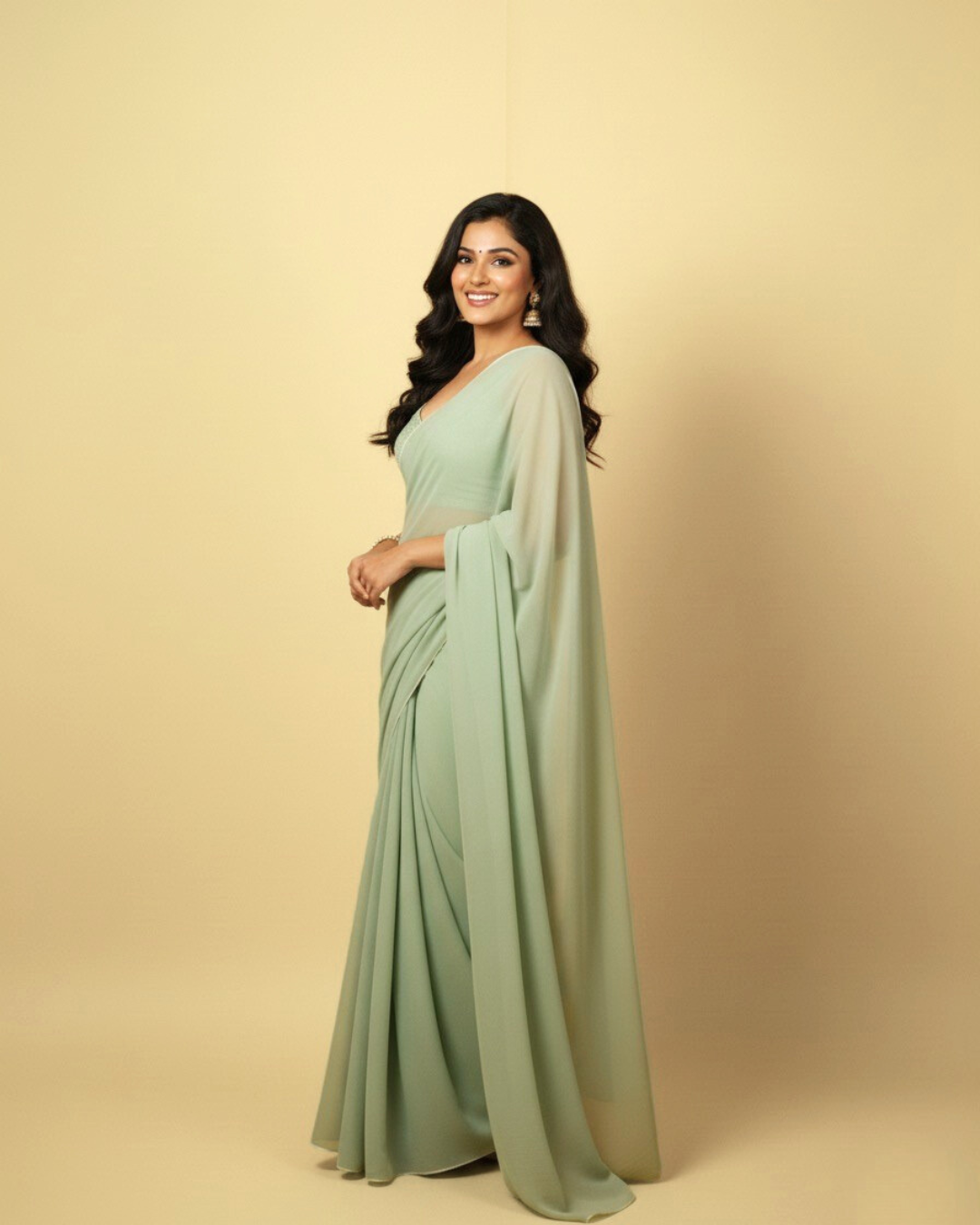 Mehek: Mint Green Heavy Georgette Saree with White Piping