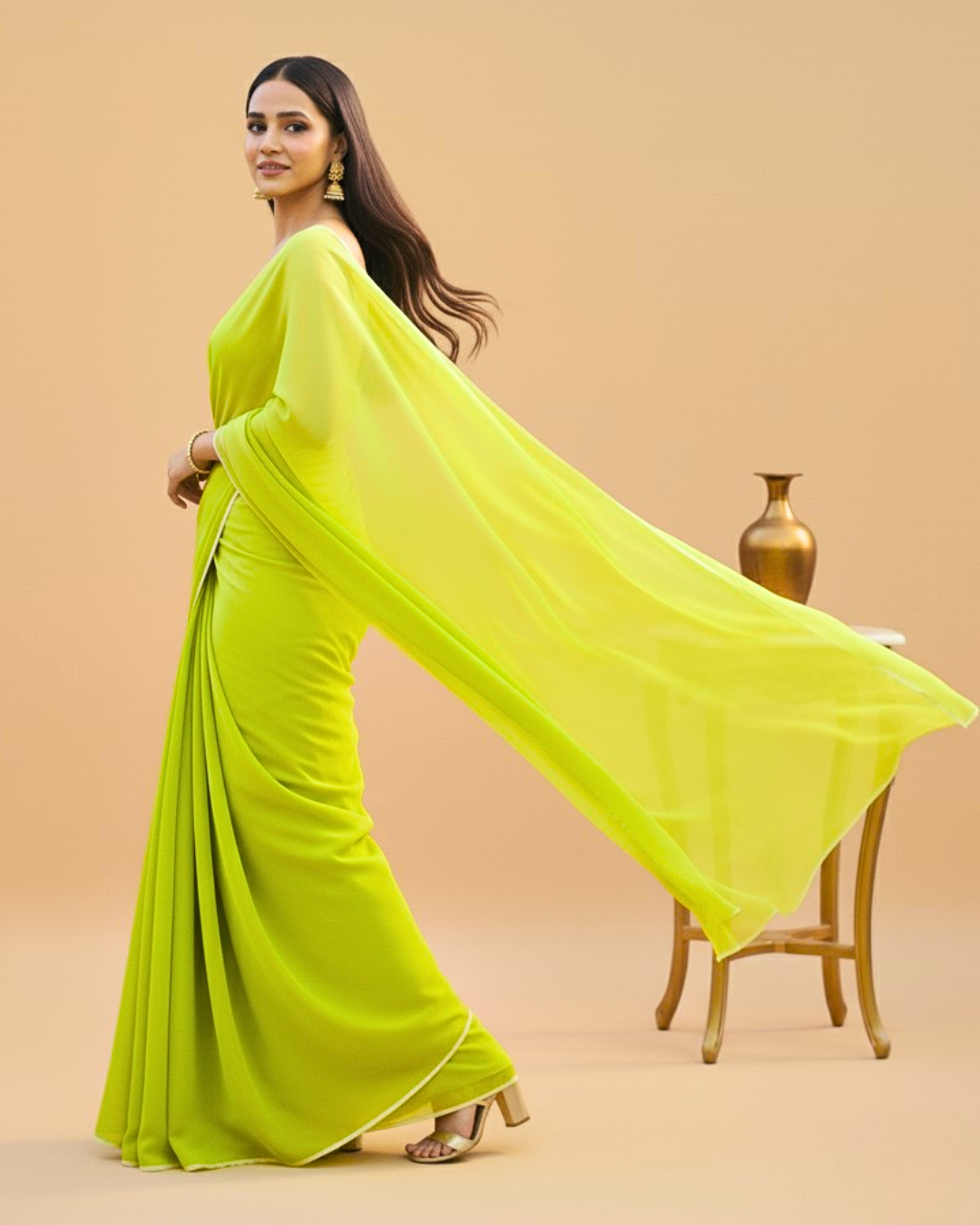 Heer: Neon Green Heavy Georgette Saree with White Piping
