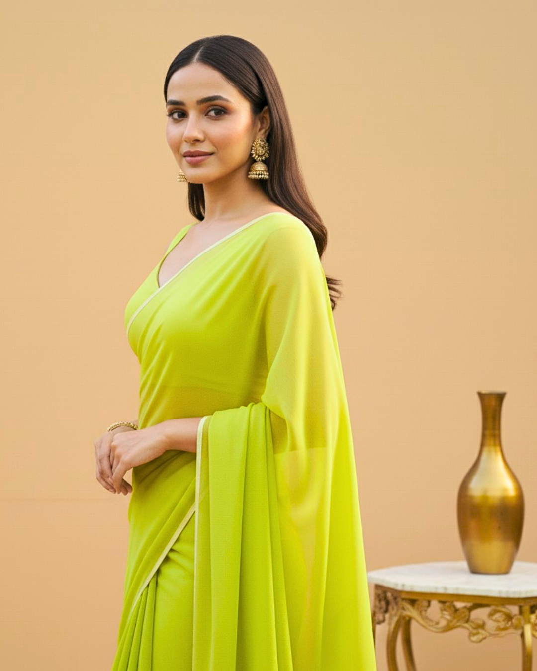 Heer: Neon Green Heavy Georgette Saree with White Piping