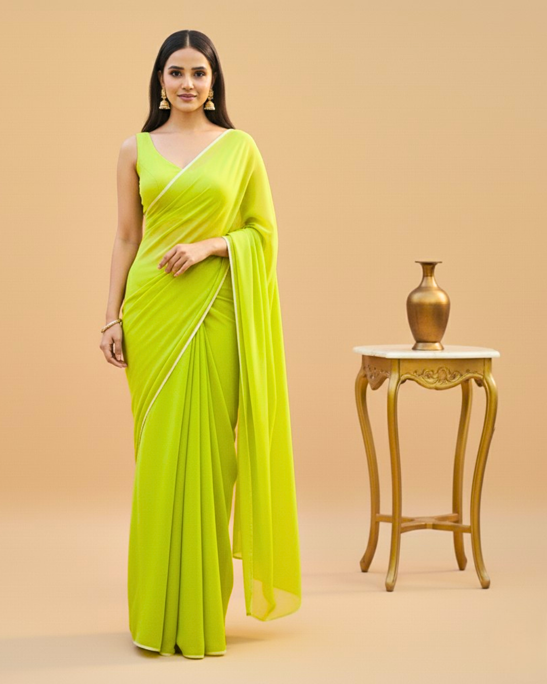 Heer: Neon Green Heavy Georgette Saree with White Piping