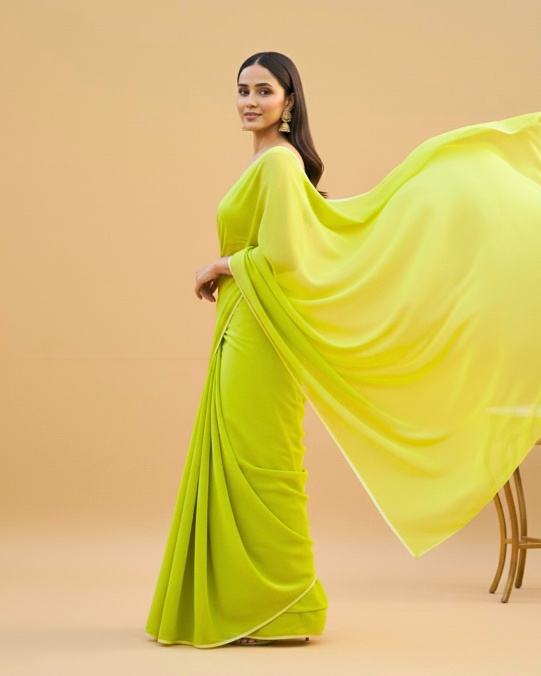 Heer: Neon Green Heavy Georgette Saree with White Piping