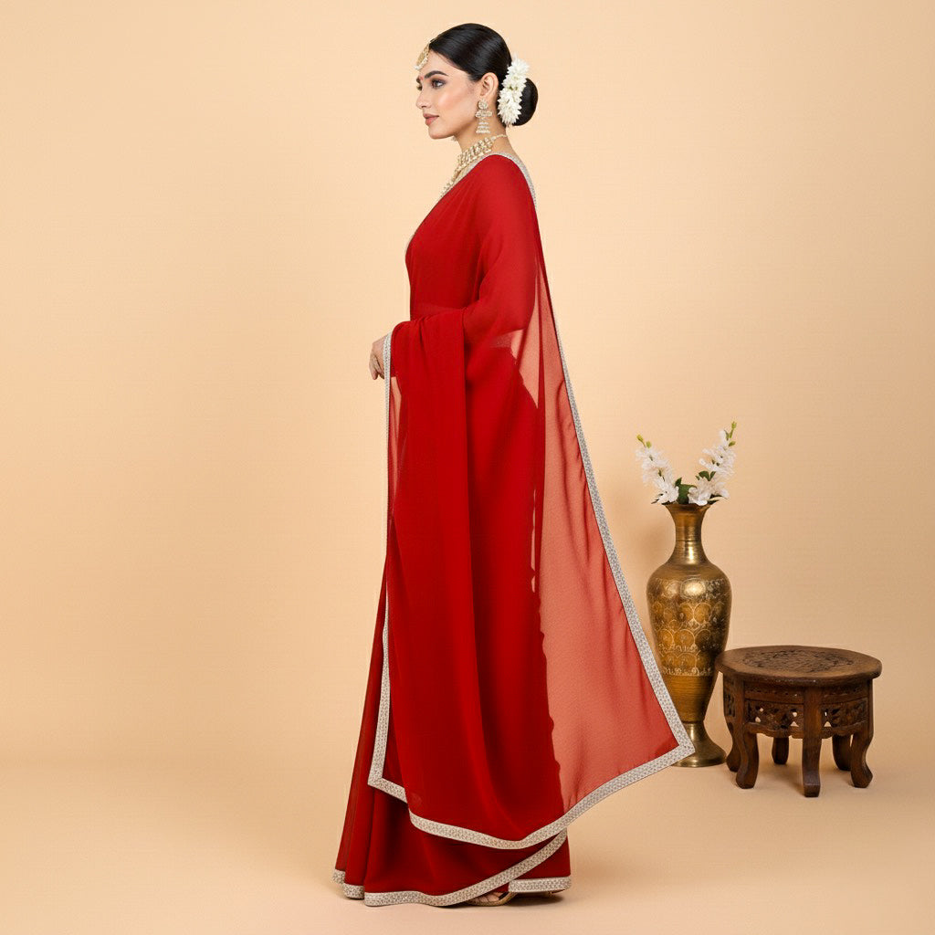 Velltiska Sindoor Red Saree With Unstitched Blouse