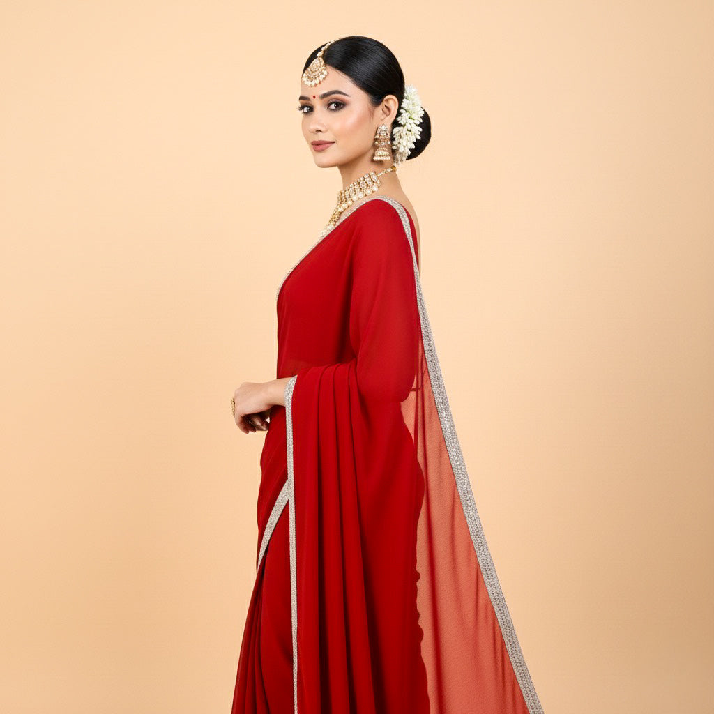 Velltiska Sindoor Red Saree With Unstitched Blouse