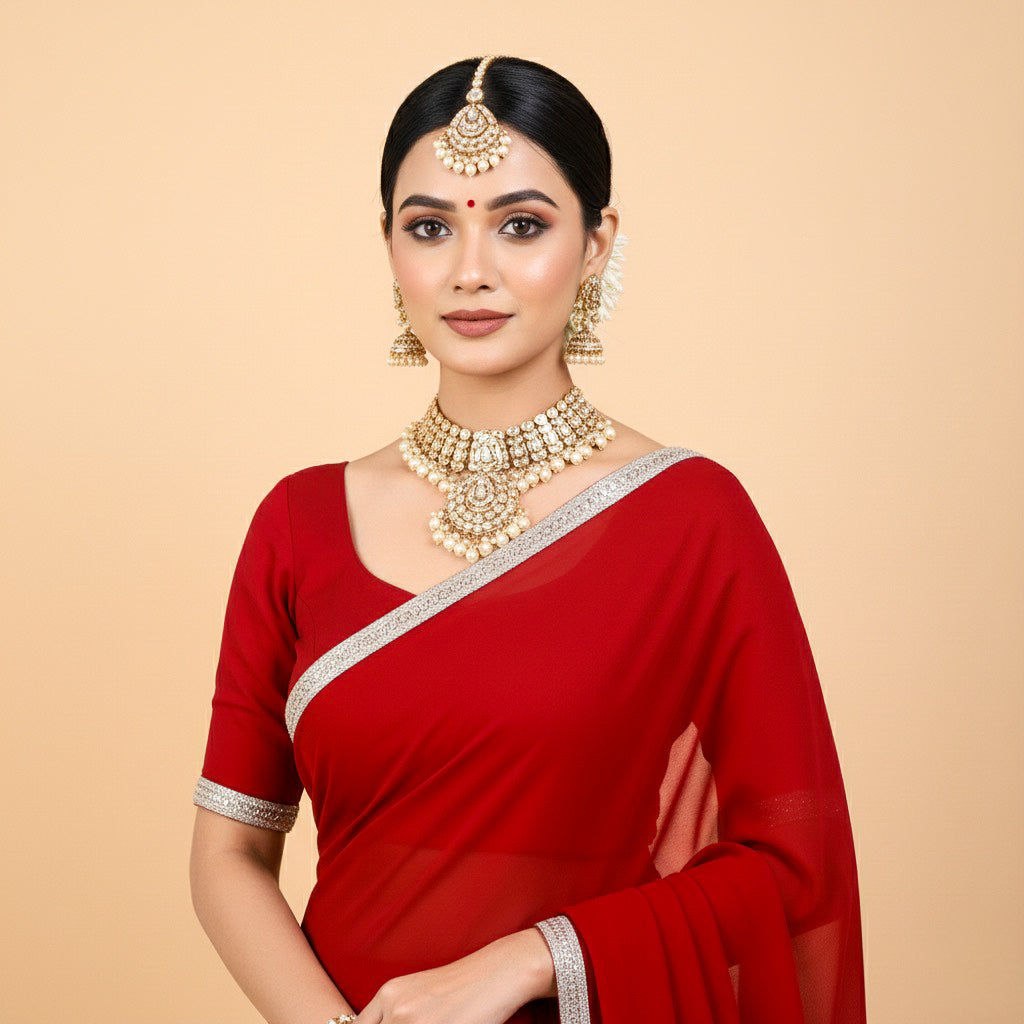 Velltiska Sindoor Red Saree With Unstitched Blouse
