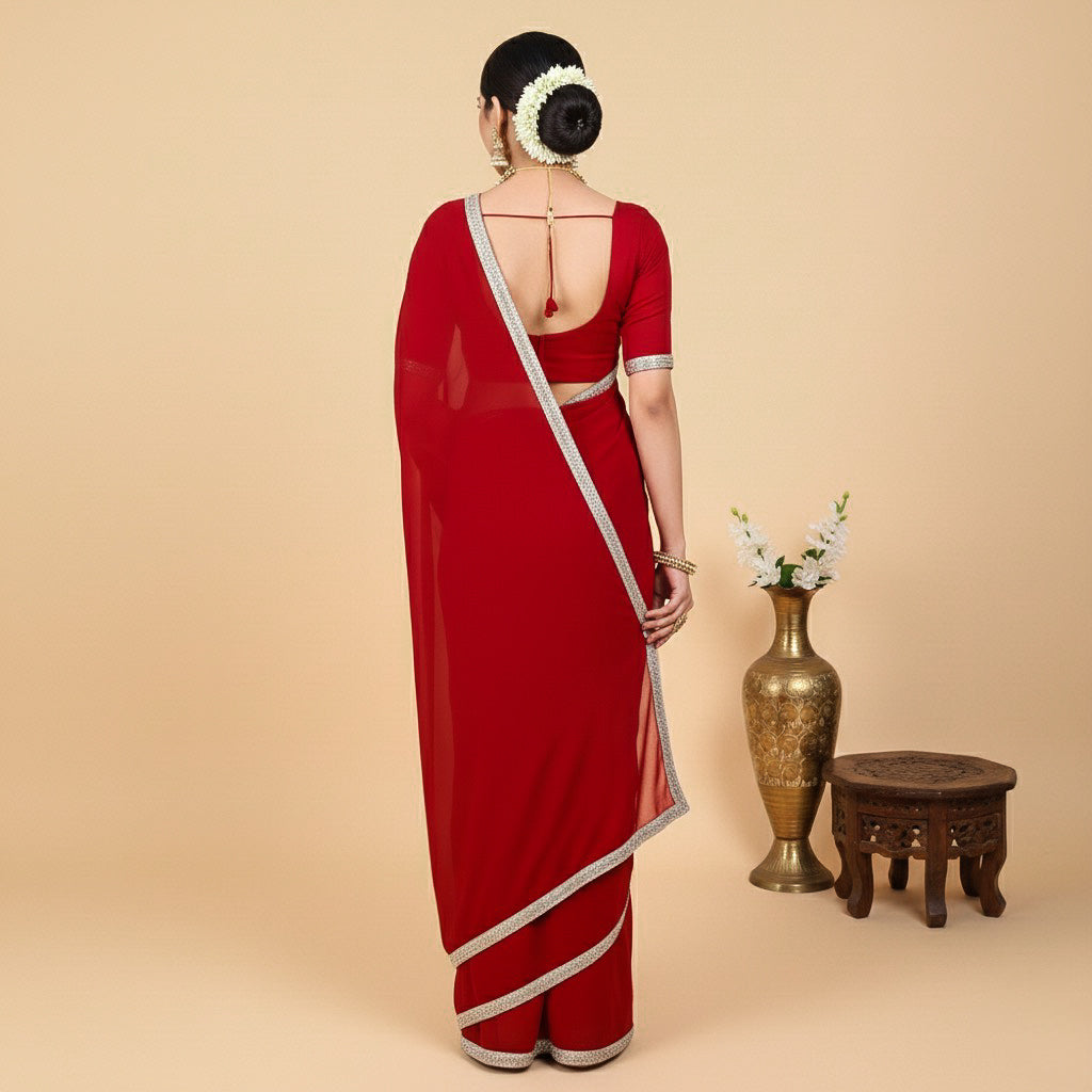 Velltiska Sindoor Red Saree With Unstitched Blouse