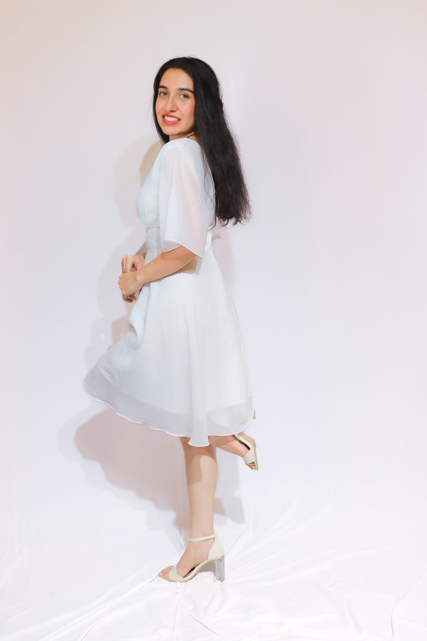 Women's Elegant White A-Line Knee-Length Dress with Sheer Sleeves