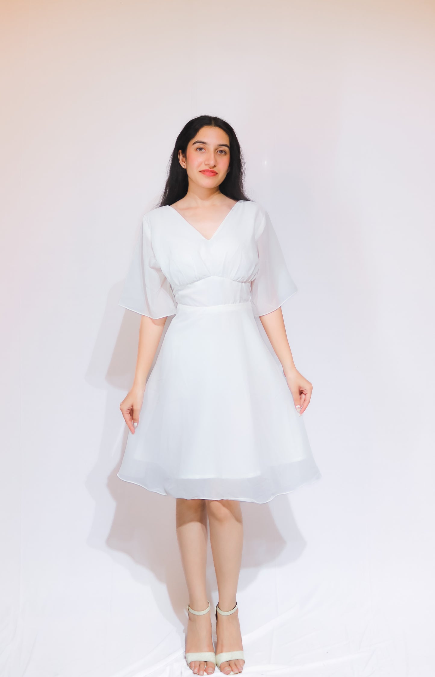 Women's Elegant White A-Line Knee-Length Dress with Sheer Sleeves