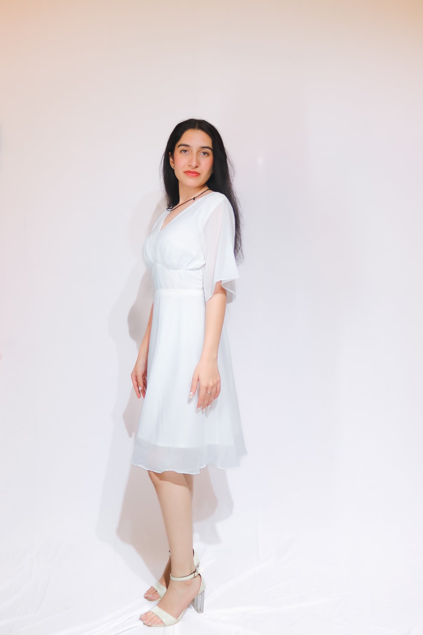 Women's Elegant White A-Line Knee-Length Dress with Sheer Sleeves