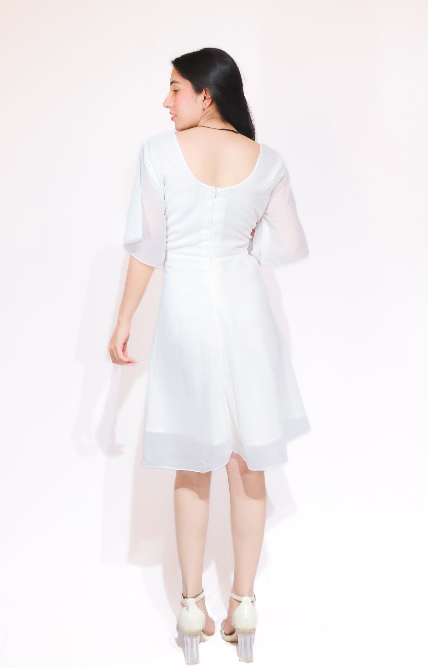 Women's Elegant White A-Line Knee-Length Dress with Sheer Sleeves