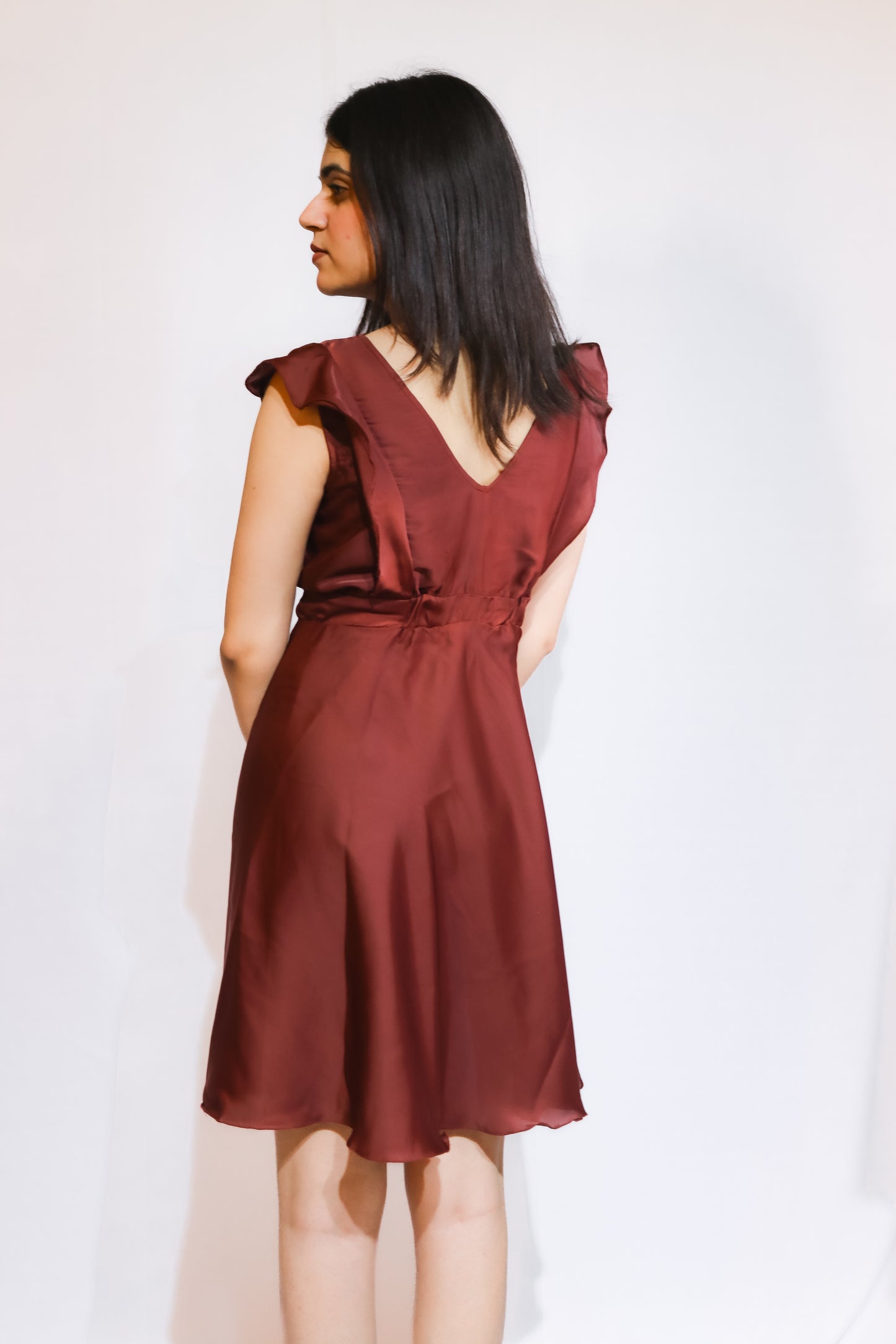 Elegant Maroon Satin Fit & Flare Dress for Women