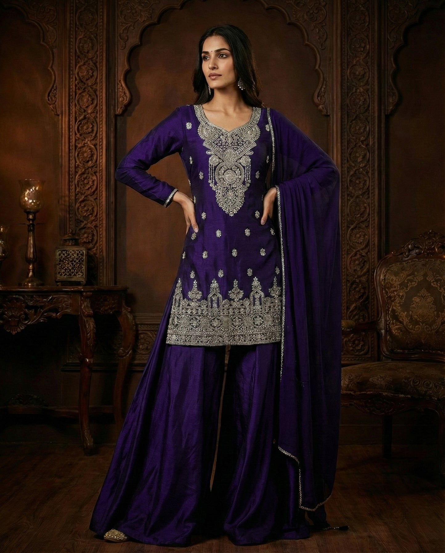 Meera: Royal Indigo Embroidered Sharara Set by Velltiska