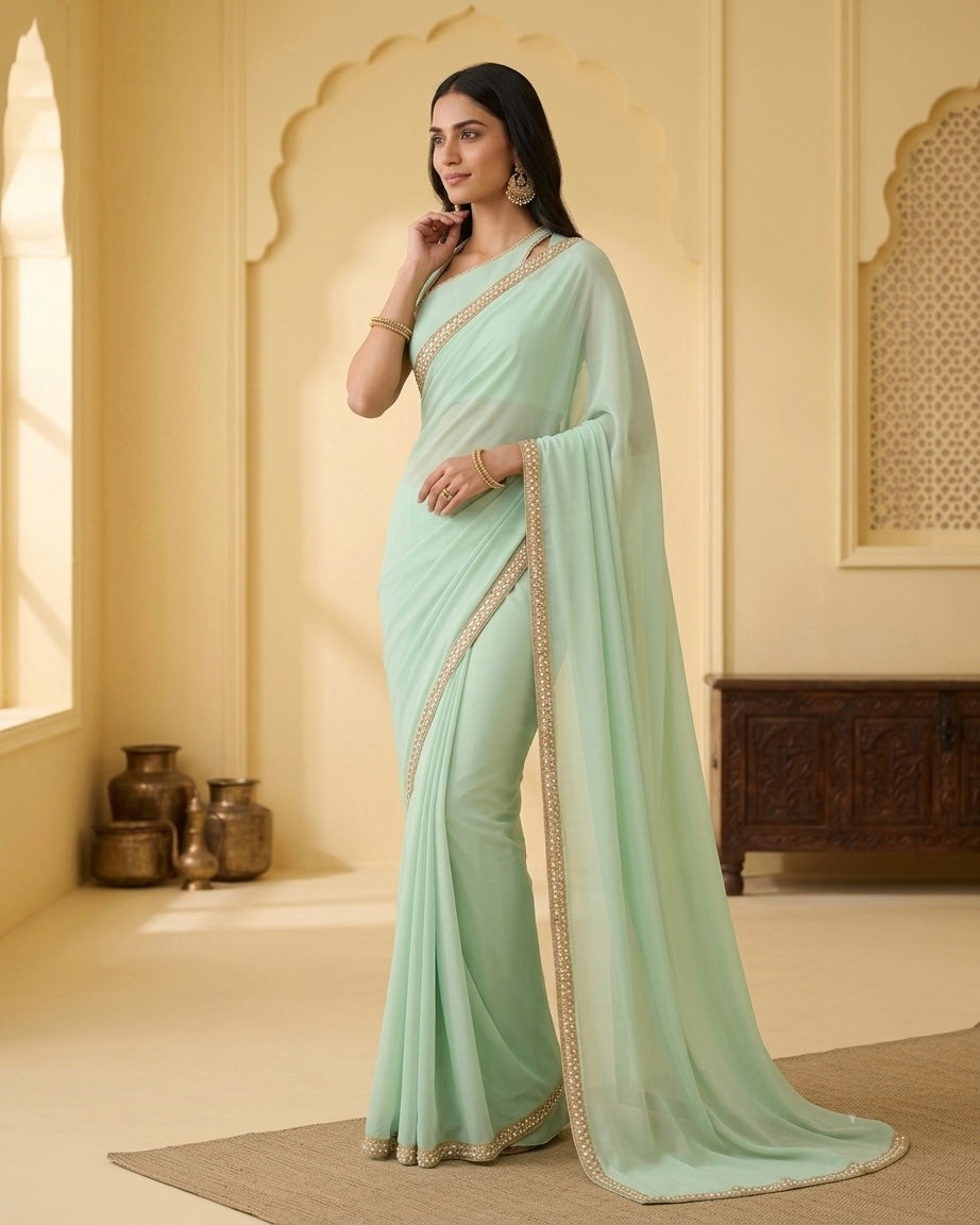 Dhriti: Dusty Mint Green Heavy Georgette Saree with Golden Lace