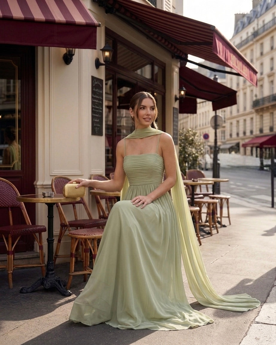 Matcha Pastel Green Gown by Velltiska with Scarf