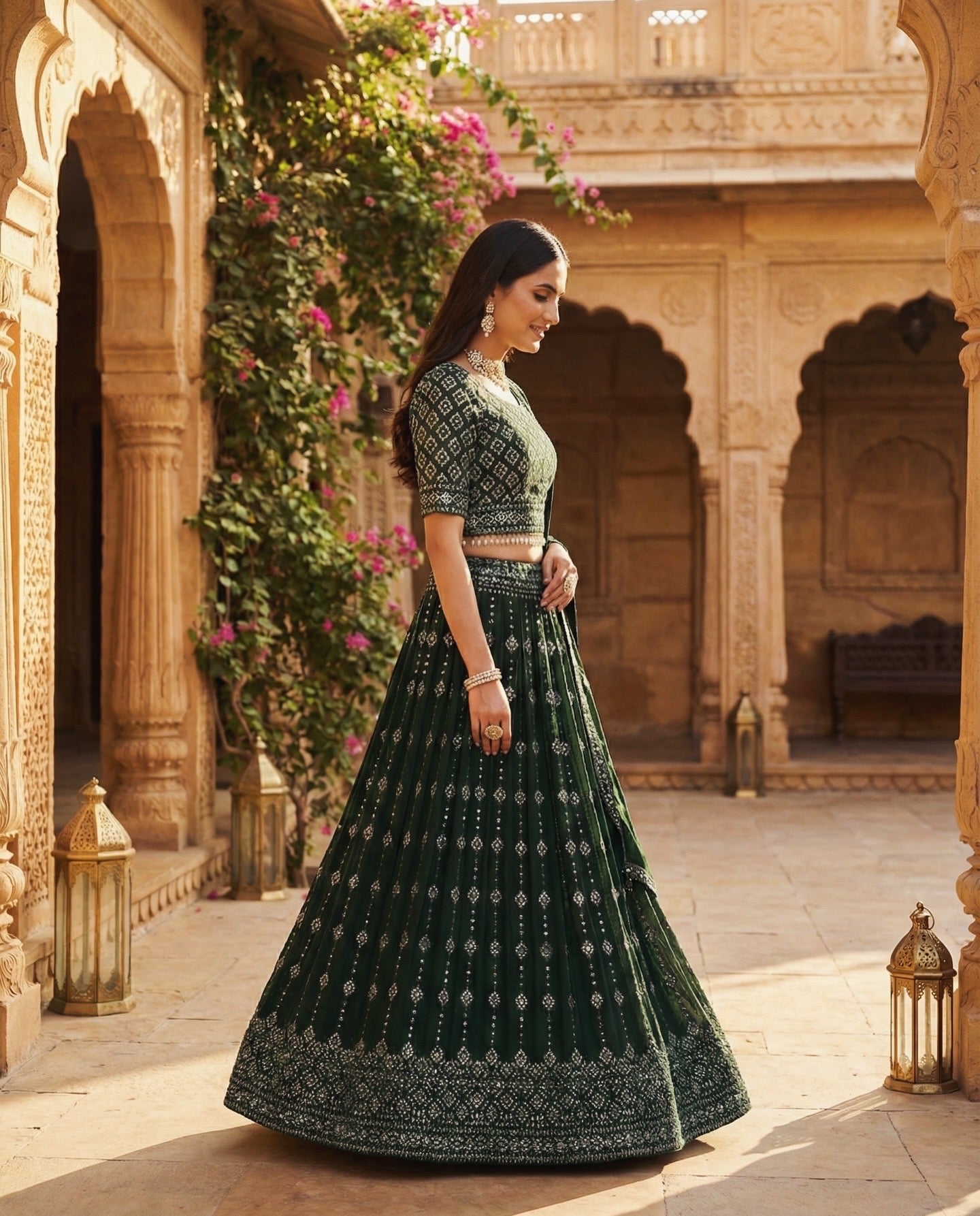 Emerald: Royal Green Emboidered Flared Lehenga Set by Velltiska