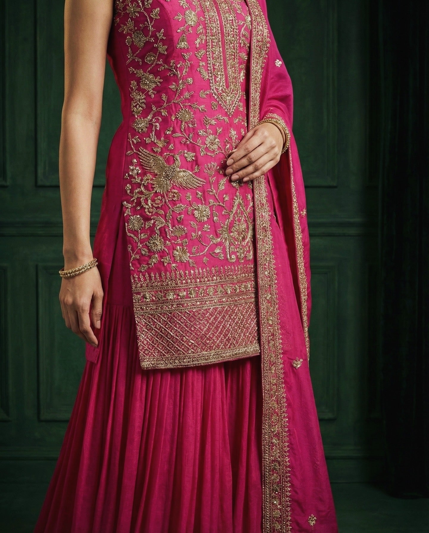 Zara: Royal Pink Emboidered Sharara Suit Set by Velltiska