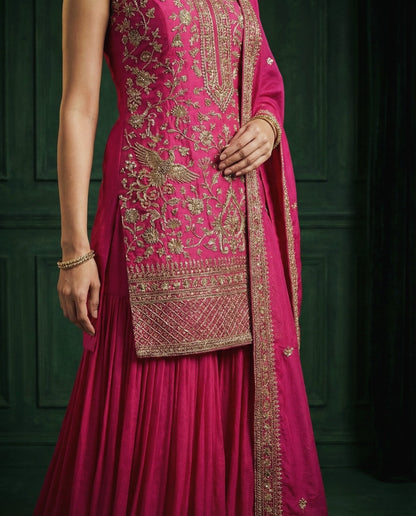 Zara: Royal Pink Emboidered Sharara Suit Set by Velltiska