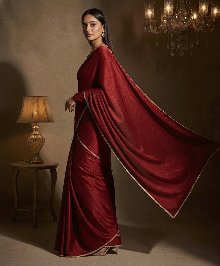 Maharani: Dark Maroon Pre Draped Saree by Velltiska with Golden Lace