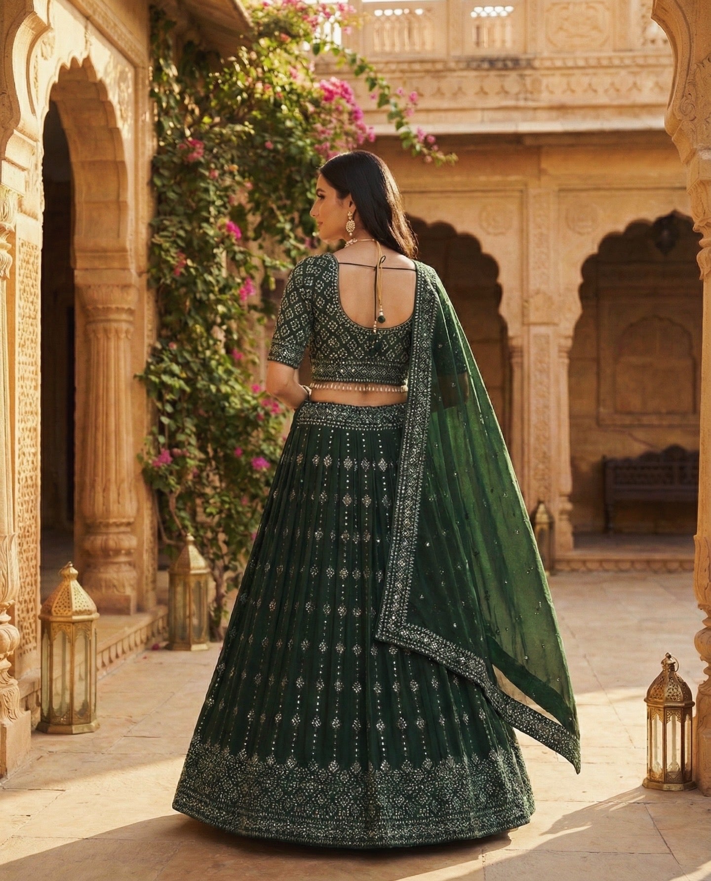 Emerald: Royal Green Emboidered Flared Lehenga Set by Velltiska
