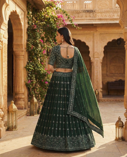 Emerald: Royal Green Emboidered Flared Lehenga Set by Velltiska
