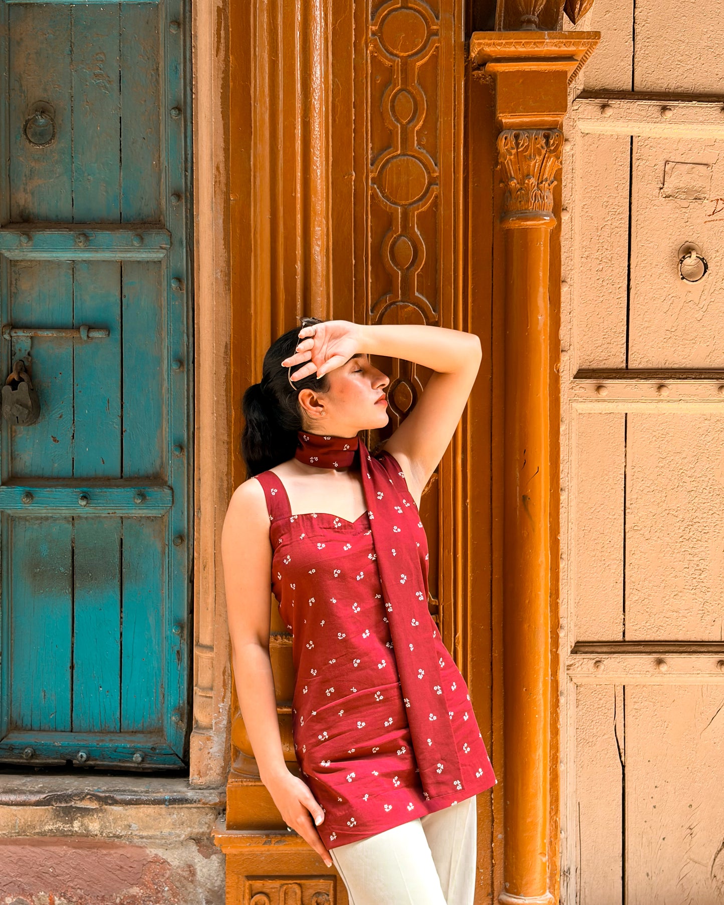 Cheryl Short Kurti with Corset Back and Scarf
