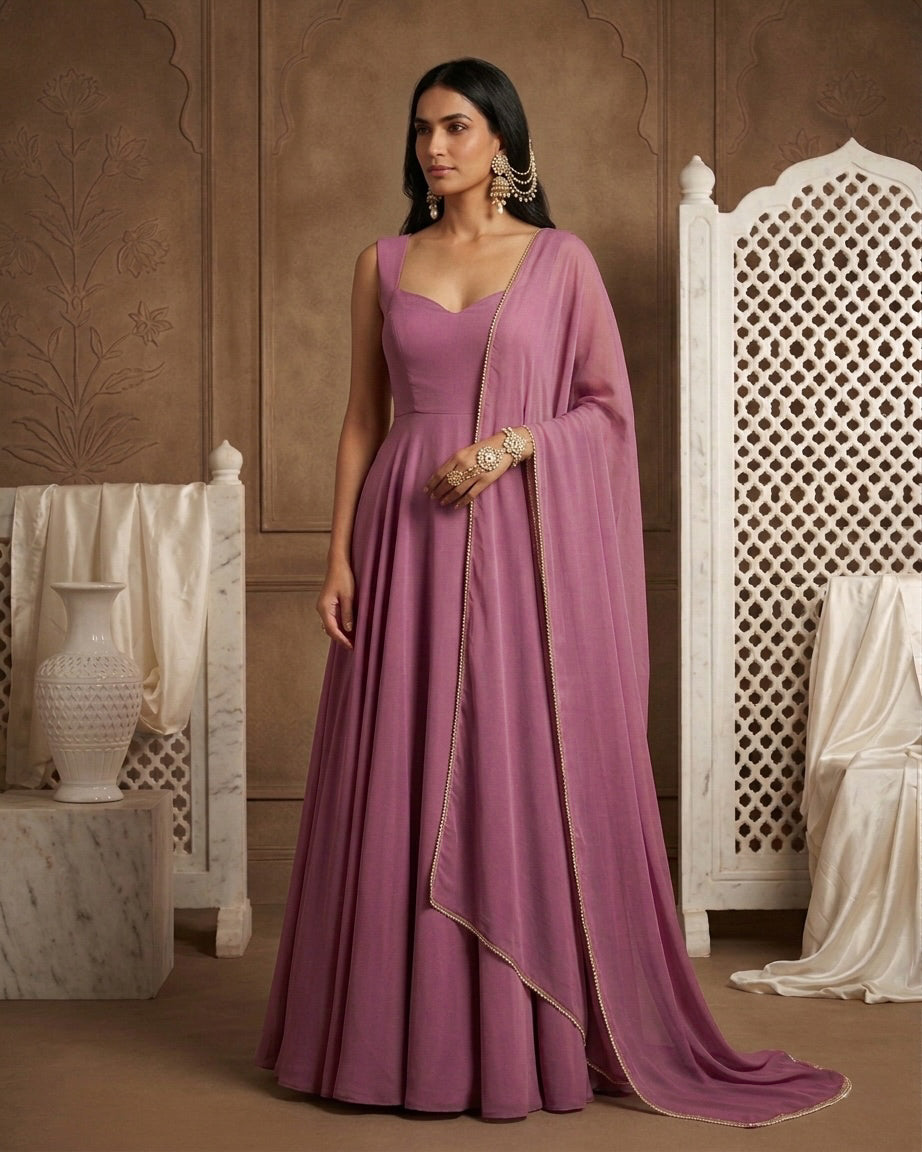 Gulzar: Mauve Pink Anarkali Kurta Set with Dupatta by Velltiska