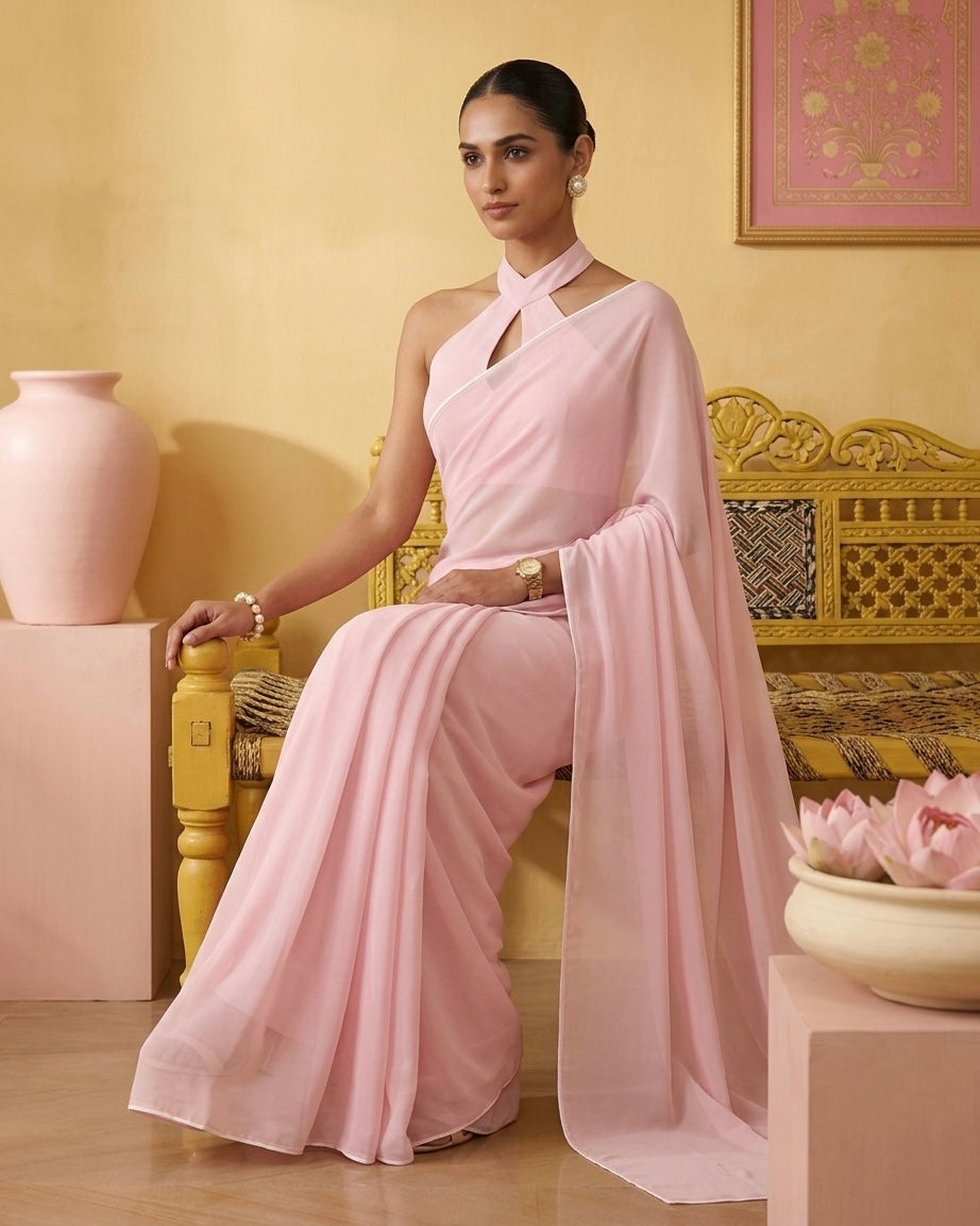 Roohi: Pastel Pink Heavy Georgette Saree with White Piping