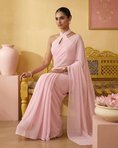 Roohi: Pastel Pink Heavy Georgette Saree with White Piping