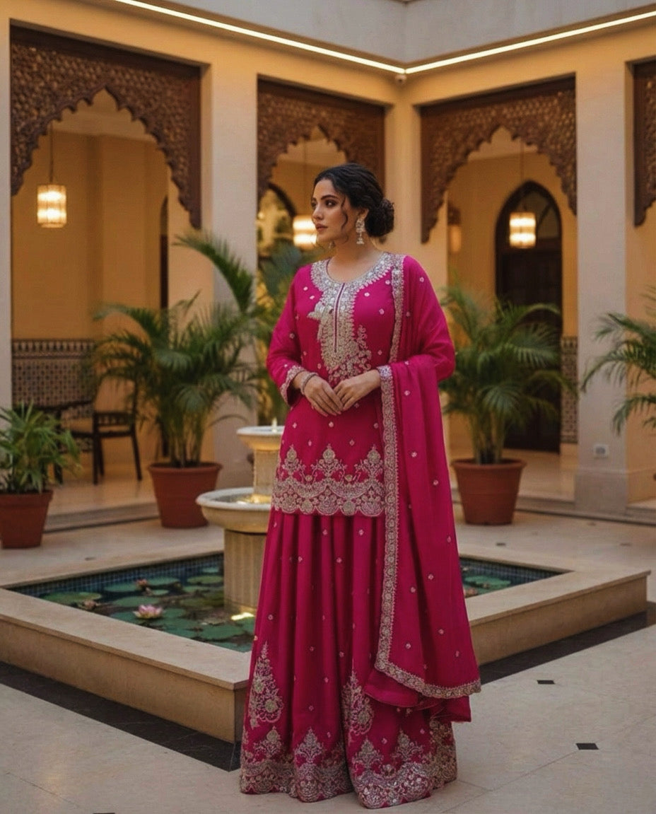 Gulnaar: Rani Pink Emboidered Kurta and Sharara Set by Velltiska