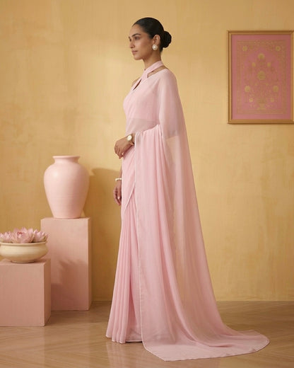 Roohi: Pastel Pink Heavy Georgette Saree with White Piping