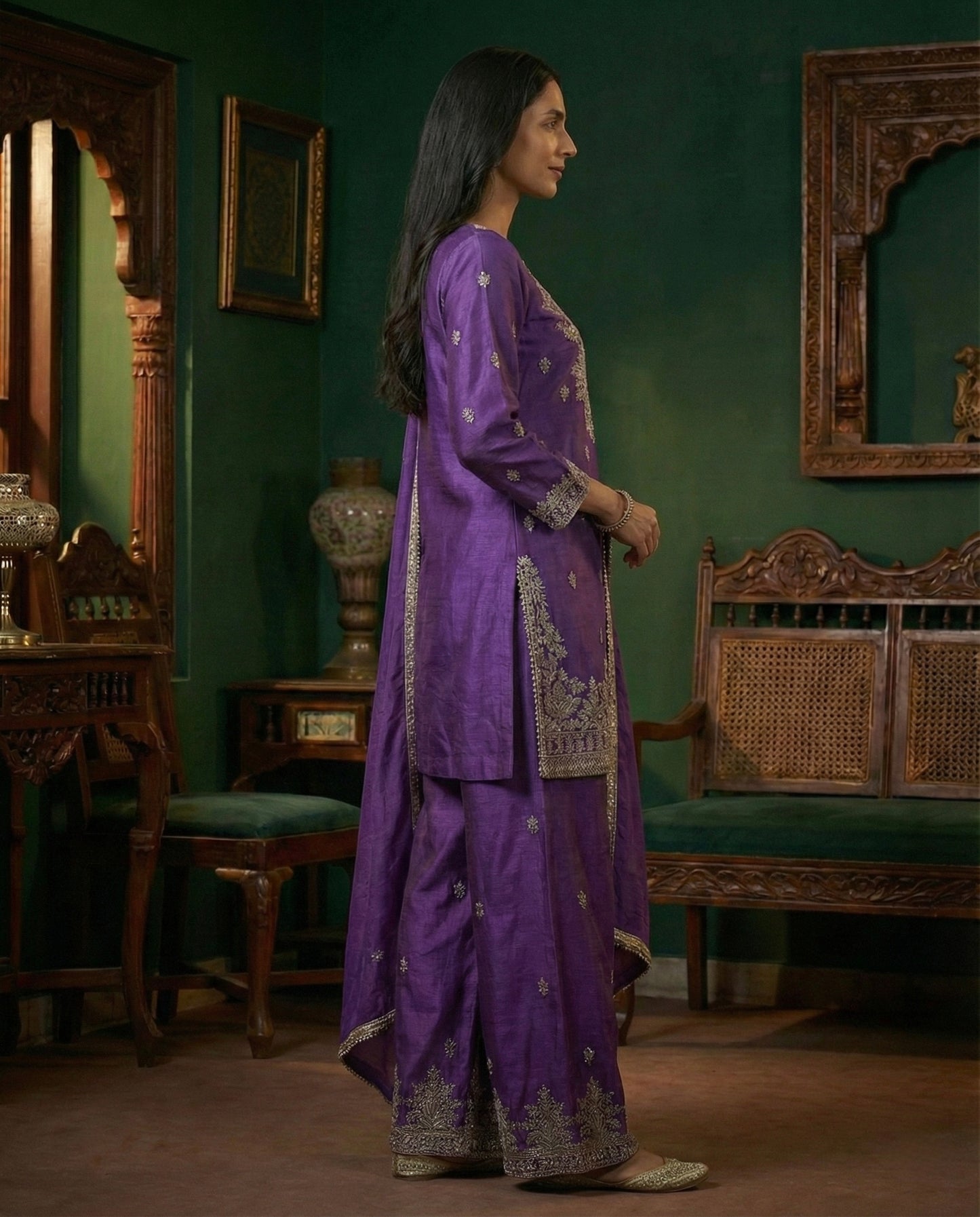 Saba: Rich Violet Embroidered Kurta and Pant Set by Velltiska