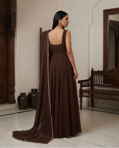 Qahva: Espresso Brown Anarkali Kurta Set with Dupatta by Velltiska
