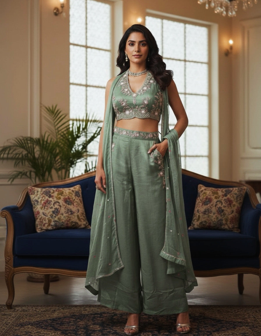 Fiza: Mauve Green Embroidered Co-ord Set by Velltiska