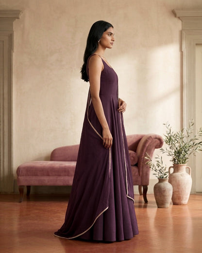Roshae: Deep Mauve Anarkali Kurta Set with Dupatta by Velltiska