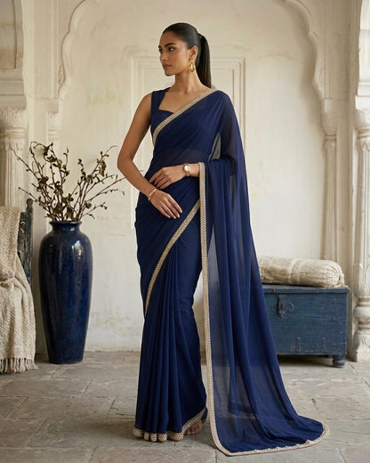 Zayra: Navy Blue Heavy Georgette Saree with Golden Lace