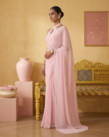 Roohi: Pastel Pink Heavy Georgette Saree with White Piping