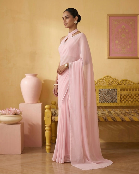 Roohi: Pastel Pink Heavy Georgette Saree with White Piping