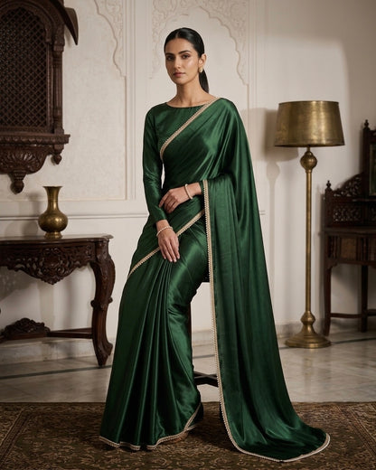 Naazni: Emerald Green Pre Draped Saree by Velltiska with Golden Lace