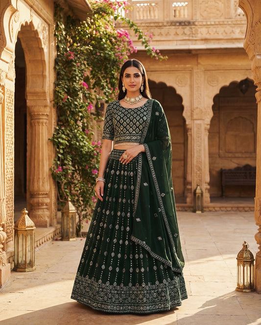 Emerald: Royal Green Emboidered Flared Lehenga Set by Velltiska
