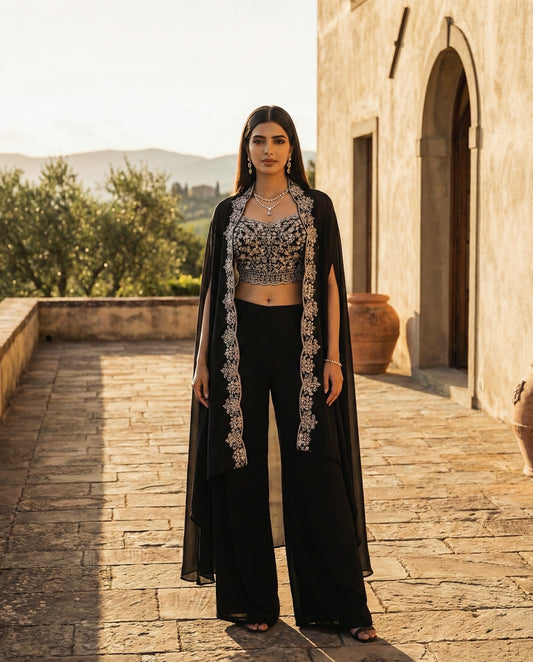 Zarelle: Noir Embroidered Co-ord Set By Velltiska with Shrug